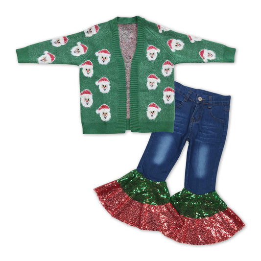 GLP1027 Green Christmas Santa Sweater Cardigan Top Blue Denim Sequin Ruflle Bell Bottom Pants Girls Clothes Set
