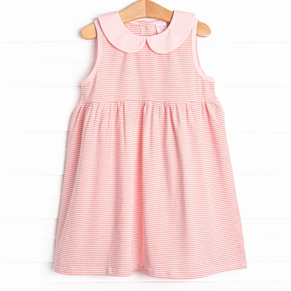 (Custom Design Preorder MOQ 5) Pink Stripes Print Girls Summer Knee Length Dress