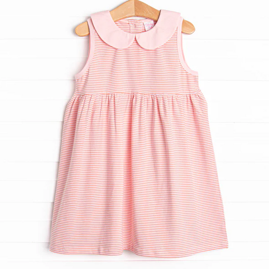 (Custom Design Preorder MOQ 5) Pink Stripes Print Girls Summer Knee Length Dress