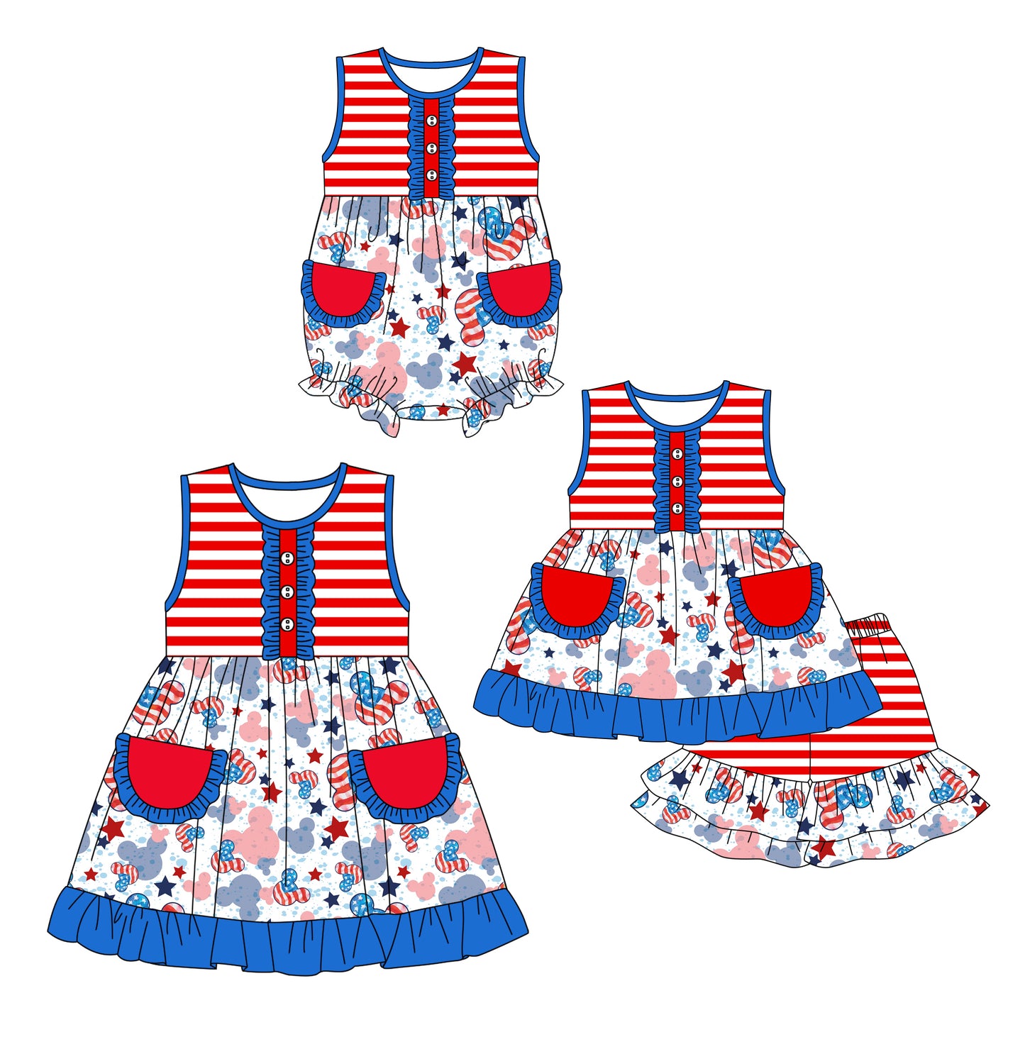 12.14(Custom Design Preorder MOQ 5 Each Design) Cartoon Mouse Stars Print Girls 4th of July Matching Clothes Sisters Wear