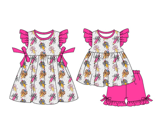 1.6(Custom Design Preorder MOQ 5 Each Design)  Pen Bows Dots Print Girls Back to School Matching Clothes Sisters Wear