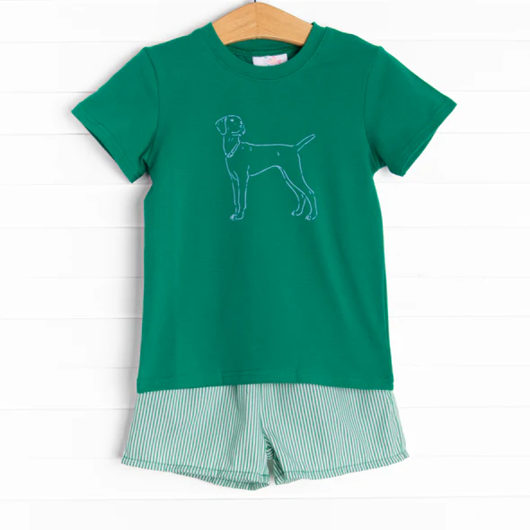 (Custom Design Preorder MOQ 5) Green Dog Top Stripes Shorts Boys Summer Clothes Set