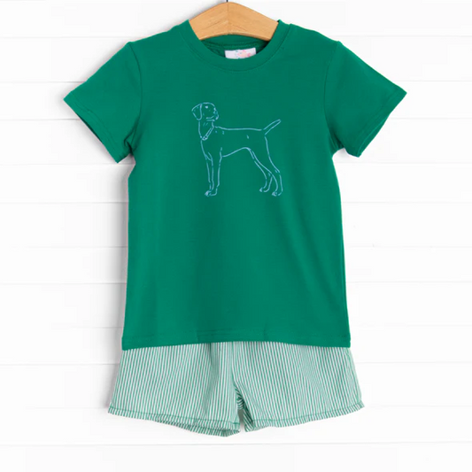 (Custom Design Preorder MOQ 5) Green Dog Top Stripes Shorts Boys Summer Clothes Set