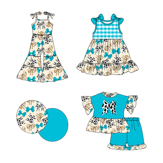 2.24(Custom Design Preorder MOQ 5 Each Design)  Turquoise Bows Print Girls Summer Matching Clothes Sisters Wear