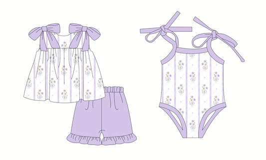 2.24(Custom Design Preorder MOQ 5 Each Design) Purple Small Flowers Print Girls Summer Matching Clothes Sisters Wear