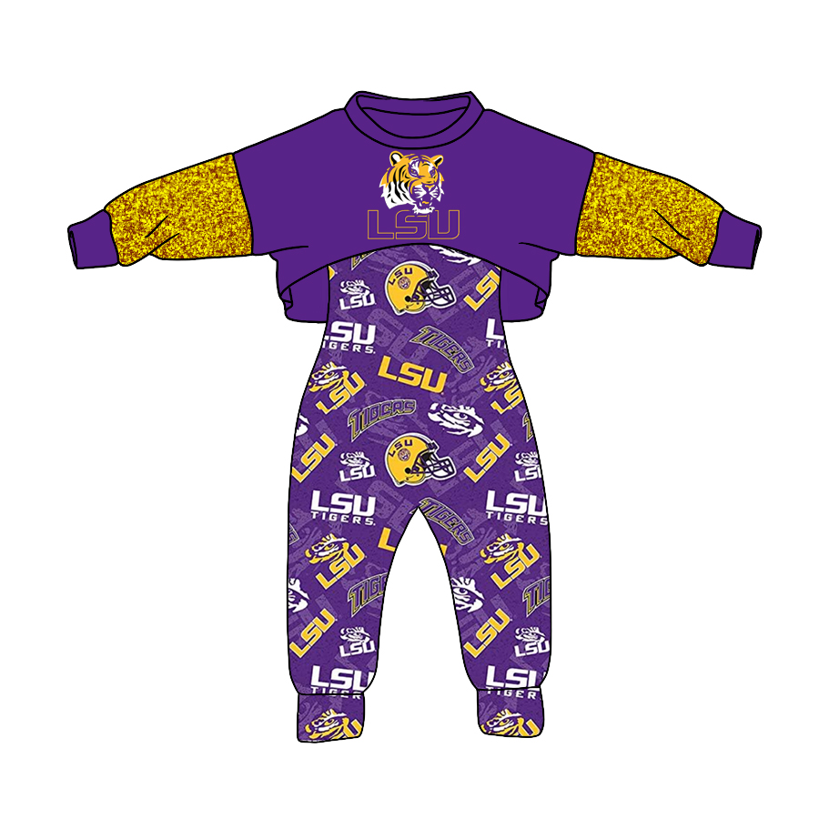 (Custom Design Preorder MOQ 5) Team's LSU TIGERS Print Jumpsuits Girls Fall Clothes Set