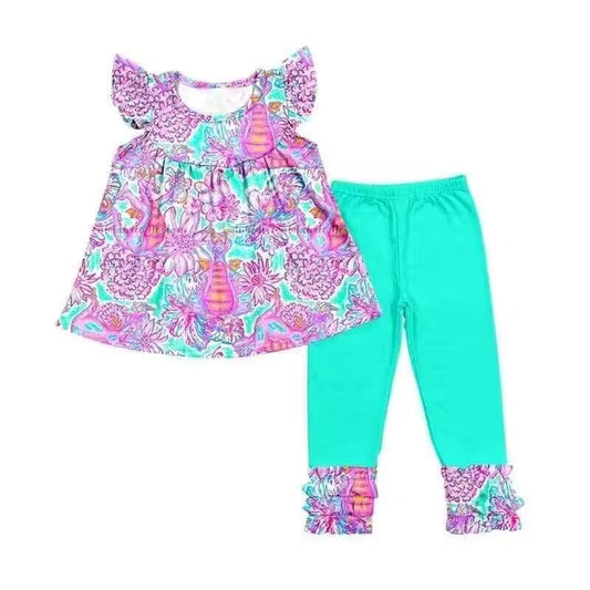 (Custom Design Preorder MOQ 5)  Hotpink Dino Flowers Top Aqua Legging Pants Girls Clothes Set