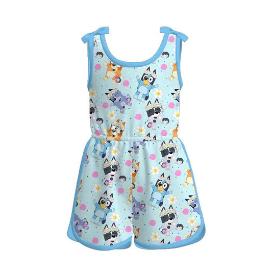 (Custom Design Preorder MOQ 5) Cartoon Dog Flowers Print Girls Summer Jumpsuits