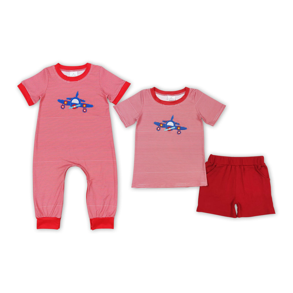 Plane Embroidery Red Stripes Print Brothers Summer Matching Clothes