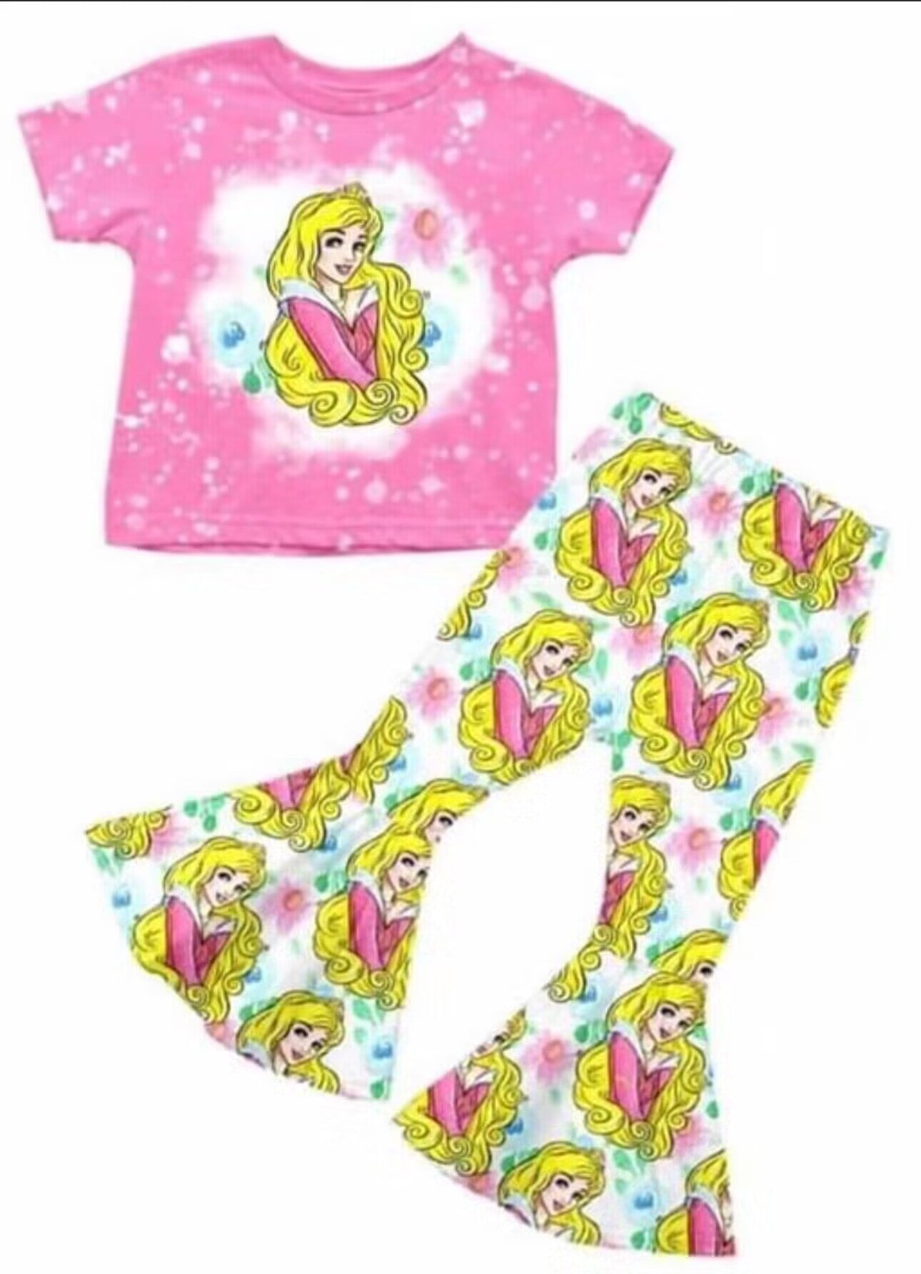 (Custom Design Preorder MOQ 5)  Cartoon Princess Print Girls Bell Pants Clothes Set