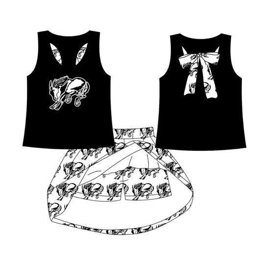 (Custom Design Preorder MOQ 5) Team's Horse Black Top Skirts Shorts Girls Summer Clothes Set