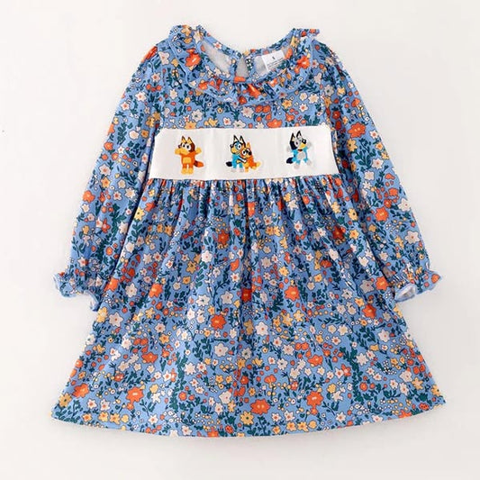 (Custom Design Preorder MOQ 5) Cartoon Dog Flowers Print Girls Knee Length Dress