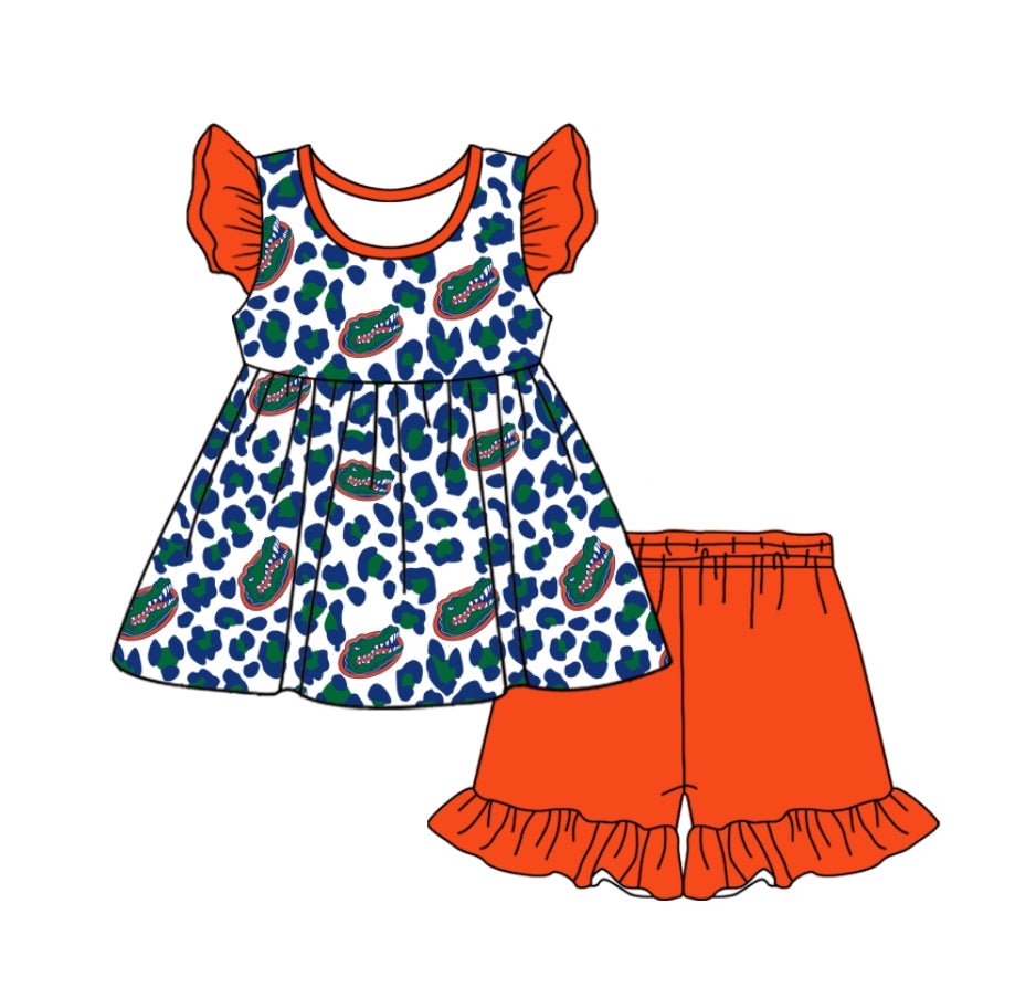 (Custom Design Preorder MOQ 5) Team's Florida Tunic Top Orange Shorts Girls Summer Clothes Set