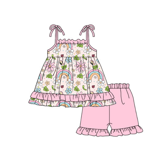 (Custom Design Preorder MOQ 5) Pink Flowers Rainbow Print Girls Summer Clothes Set