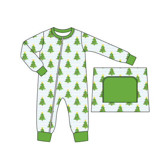 (Custom Design Preorder MOQ 5) Tree Print Baby Christmas Sleeper Zipper Romper