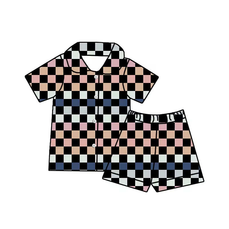 (Custom Design Preorder MOQ 5)  Plaid Print Kids Summer Pajamas Clothes Set