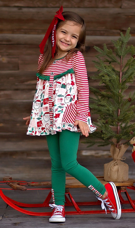 (Custom Design Preorder MOQ 5) Santa Tunic Top Green Pants Girls Christmas Clothes Set