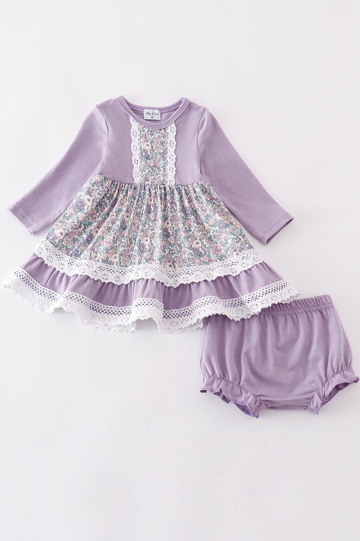 (Custom Design Preorder MOQ 5) Purple Flowers Print Shorts Baby Girls Bummie Set