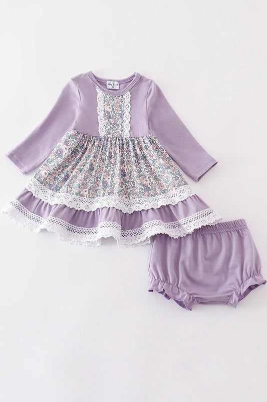 (Custom Design Preorder MOQ 5) Purple Flowers Print Shorts Baby Girls Bummie Set