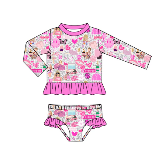 (Custom Design Preorder MOQ 5)  Pink Singer Swiftie Print Girls 2 Pieces Long Sleeve Swimsuits