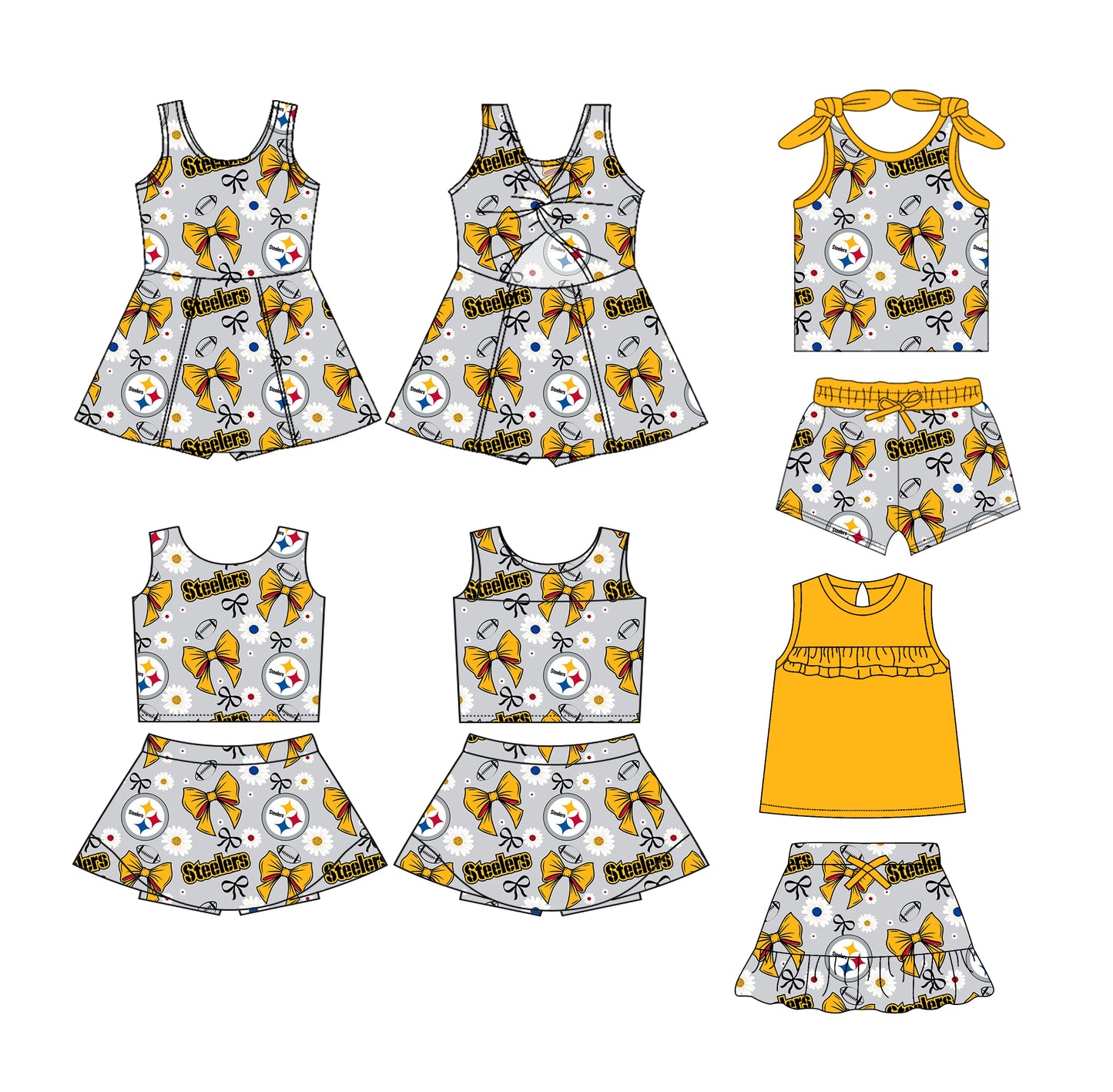 (Custom Design Preorder MOQ 5 Each Design) Team's Steelers Bows Print Girls Summer Matching Clothes Sisters Wear