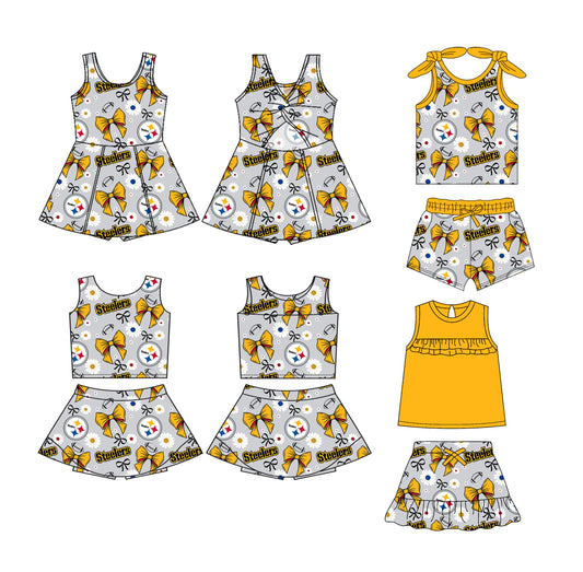 (Custom Design Preorder MOQ 5 Each Design) Team's Steelers Bows Print Girls Summer Matching Clothes Sisters Wear