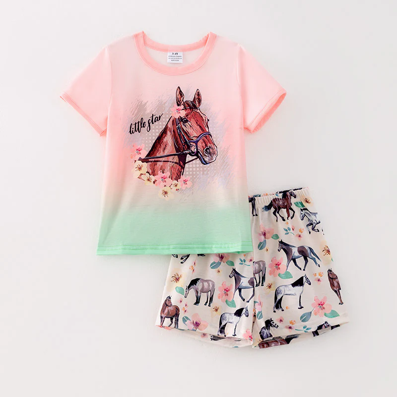 (Custom Design Preorder MOQ 5) Horse Top Flowers Shorts Girls Summer Clothes Set