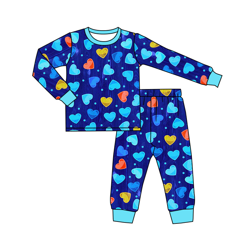 (Custom Design Preorder MOQ 5) Blue Heart Print Boys Valentine's Pajamas Clothes Set
