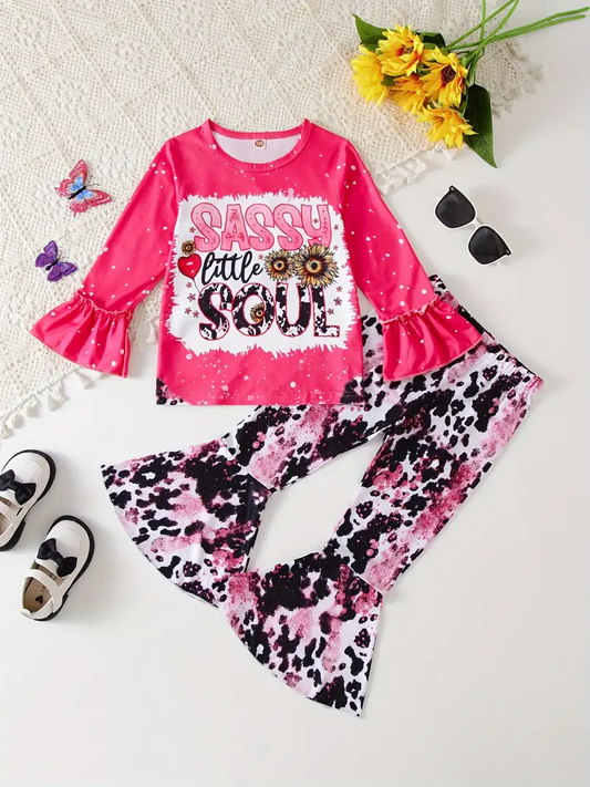 (Custom Design Preorder MOQ 5) Sassy Little Soul Print Girls Western Pink Clothes Set