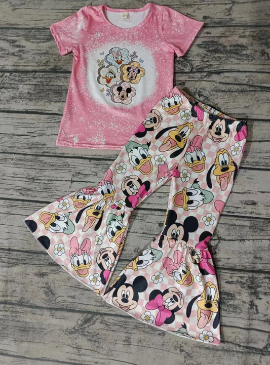 (Custom Design Preorder MOQ 5) Cartoon Animals Flowers Print Girls Bell Pants Clothes Set
