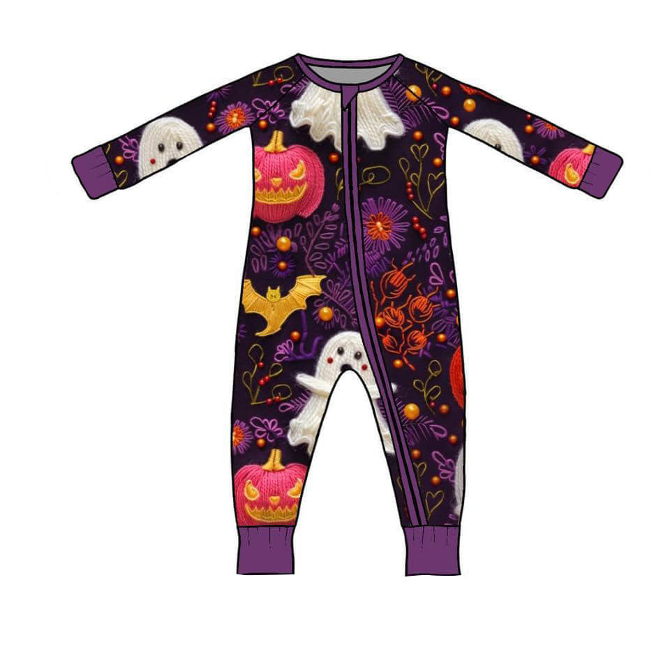 (Custom Design Preorder MOQ 5) Ghost Pumpkin Print Baby Girls Halloween Sleeper Zipper Romper