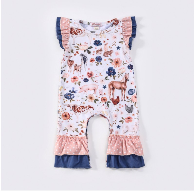 (Custom Design Preorder MOQ 5) Farm Animals Flowers Print Baby Girls Summer Romper