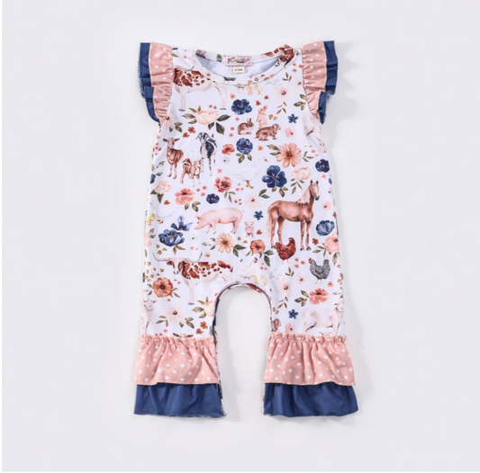 (Custom Design Preorder MOQ 5) Farm Animals Flowers Print Baby Girls Summer Romper