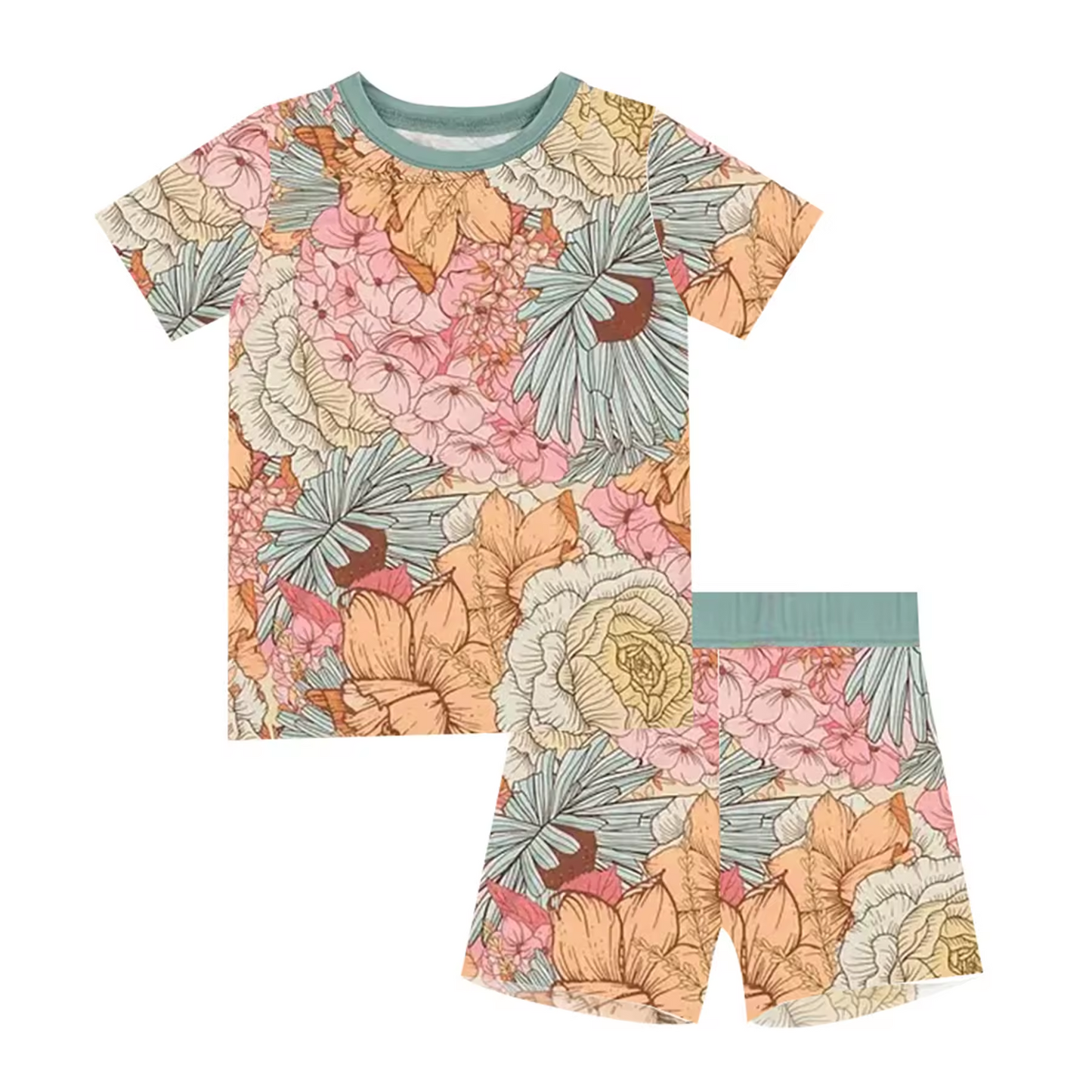 (Custom Design Preorder MOQ 5) Flowers Print Girls Summer Pajamas Clothes Set