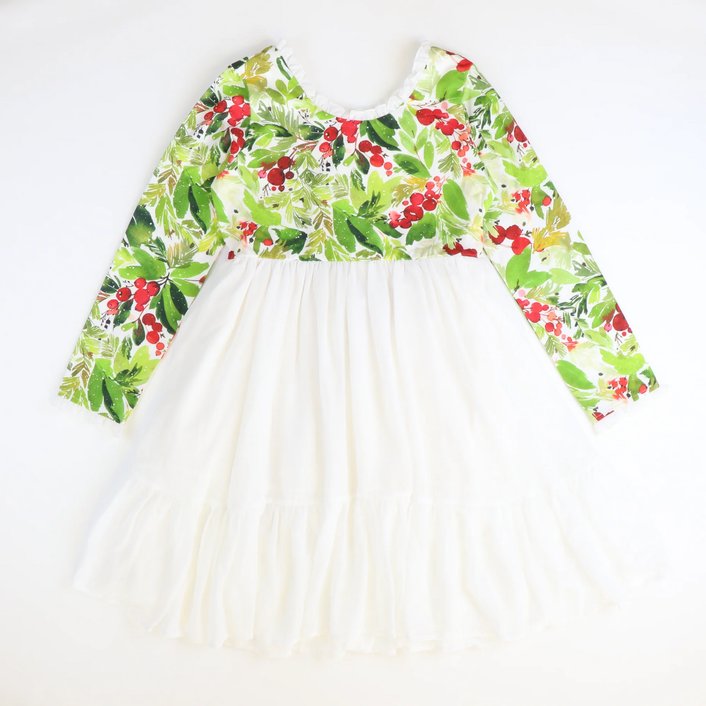 (Custom Design Preorder MOQ 5)  Green Red Holly Print Girls Knee Length Christmas Tulle Dress