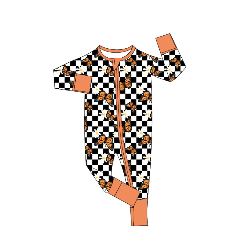 (Custom Design Preorder MOQ 5)  Butterfly Flowers Plaid Print Baby Girls Fall Bamboo Sleeper Zipper Romper