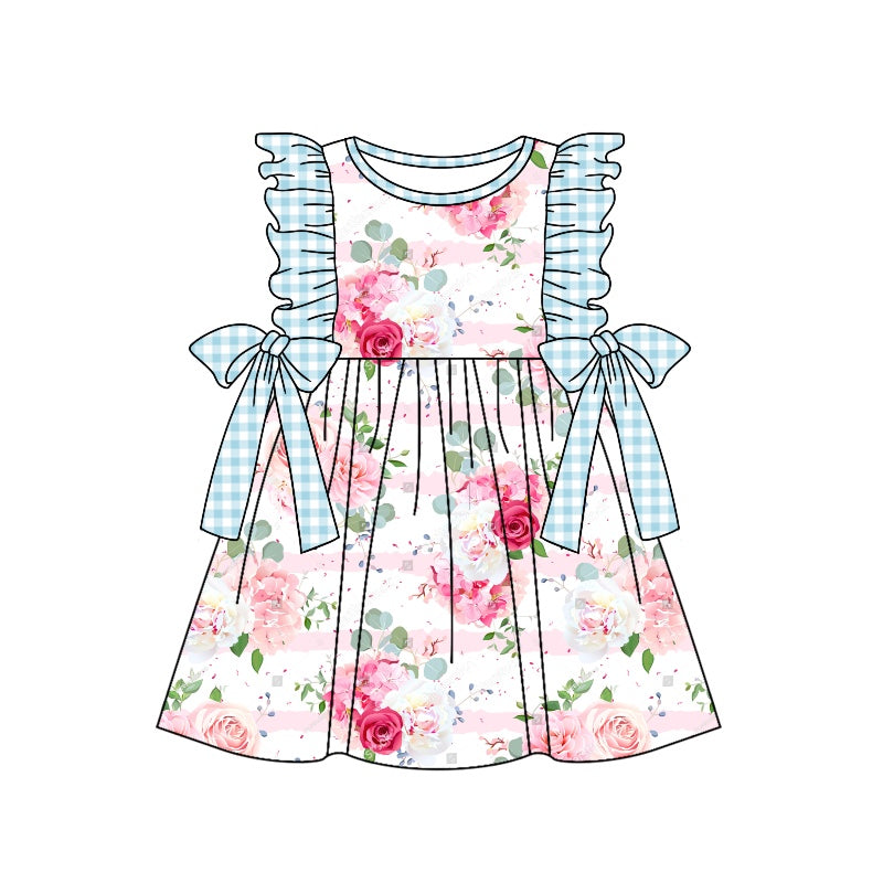 (Custom Design Preorder MOQ 5) Blue Flowers Print Girls Knee Length Summer Dress