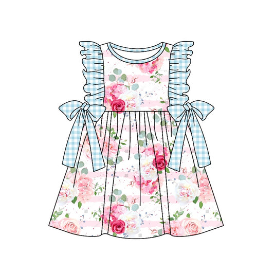 (Custom Design Preorder MOQ 5) Blue Flowers Print Girls Knee Length Summer Dress