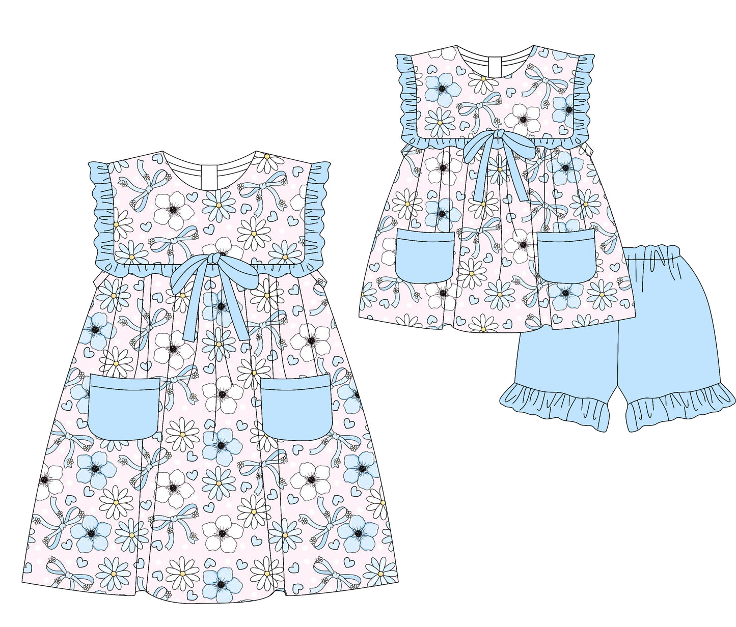 3.29(Custom Design Preorder MOQ 5 Each Design) Blue Flowers Bows Print Girls Summer Matching Clothes Sisters Wear