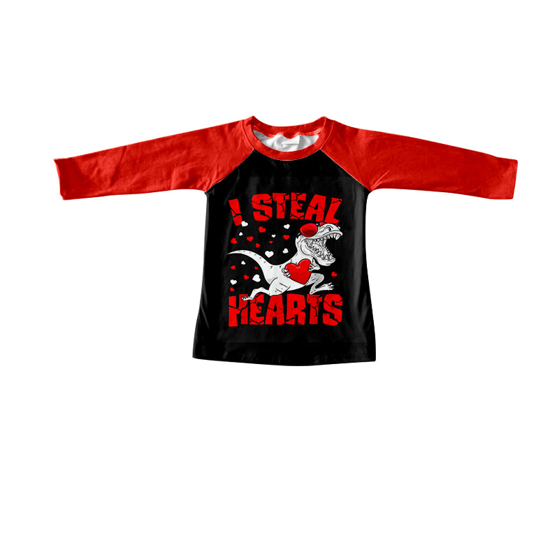 (Custom Design Preorder MOQ 5) I STEAL HEARTS Dino Print Boys Raglan Sleeve Valentine's Tee Shirts Top