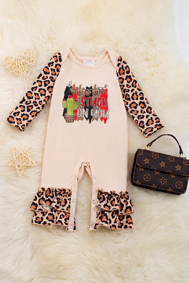 (Custom Design Preorder MOQ 5) Stuck On You Leopard Print Baby Girls Valentine's Day Romper