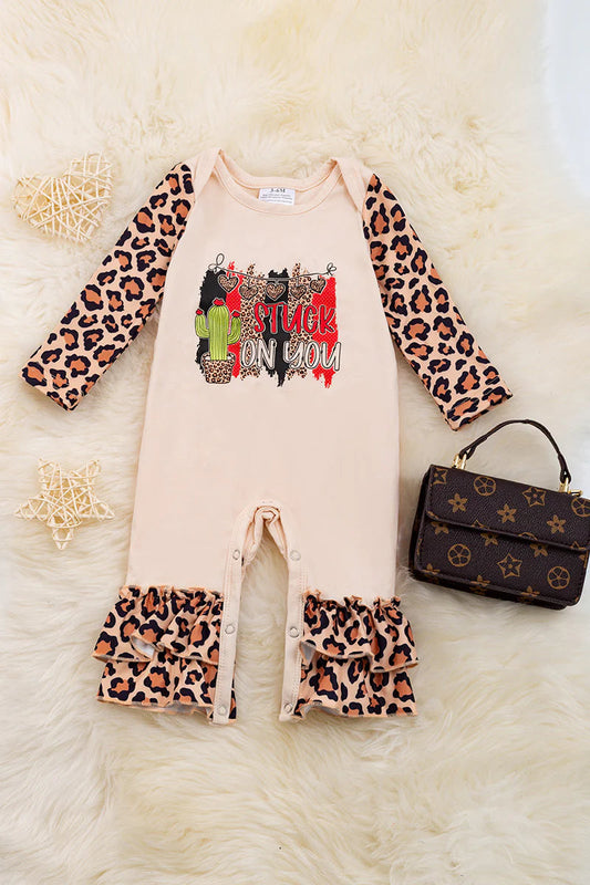 (Custom Design Preorder MOQ 5) Stuck On You Leopard Print Baby Girls Valentine's Day Romper