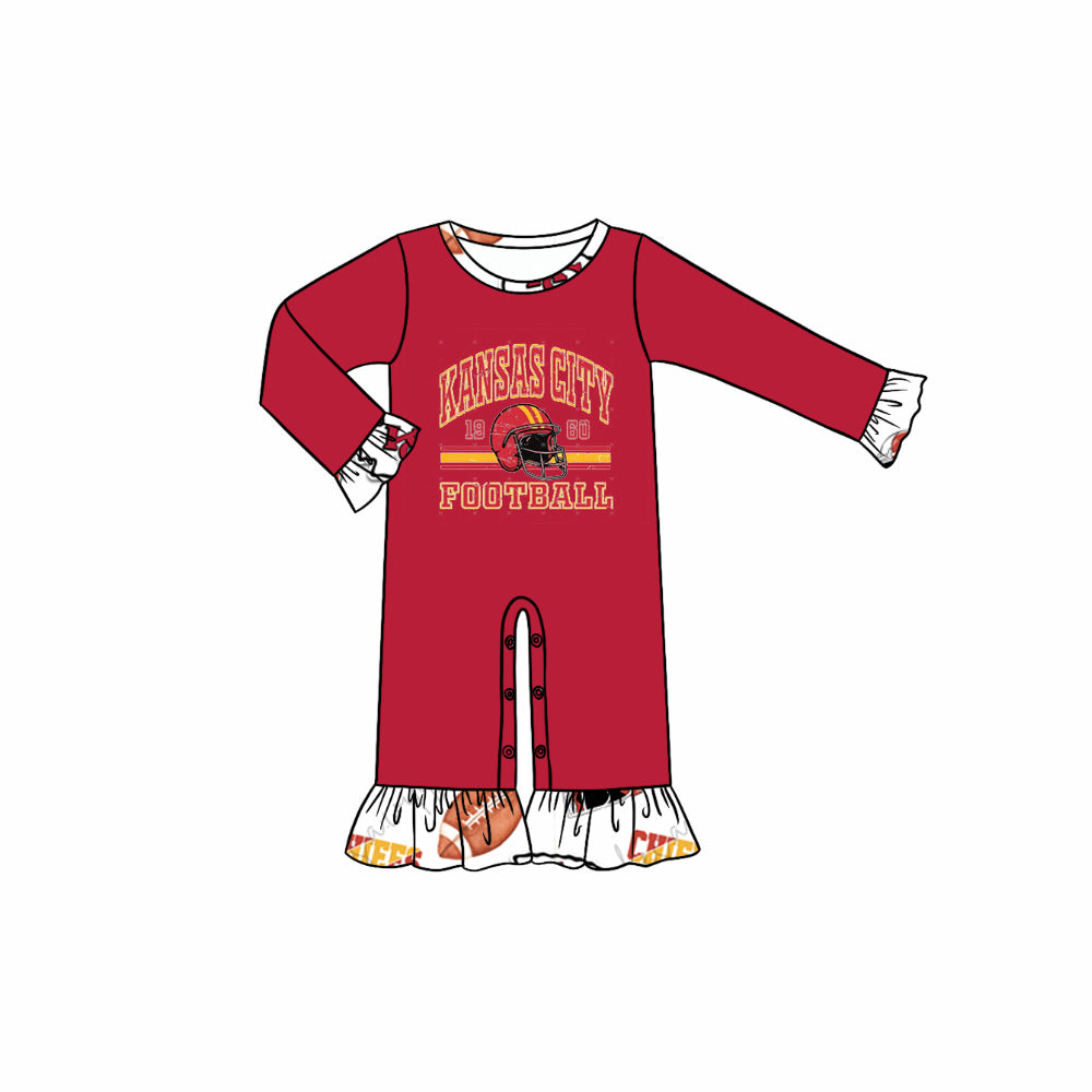 (Custom Design Preorder MOQ 5) Team's KC Football Red Print Baby Girls Fall Romper