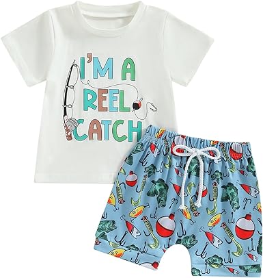 (Custom Design Preorder MOQ 5) I'M A REEL CATCH Top Fishing Blue Shorts Boys Summer Clothes Set