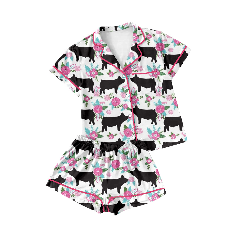 (Custom Design Preorder MOQ 5) Pig Flowers Girls Summer Pajamas Clothes Set