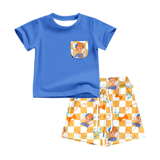 (Custom Design Preorder MOQ 5) Blue Pocket Top Cartoon Teacher Shorts Boys Summer Clothes Set