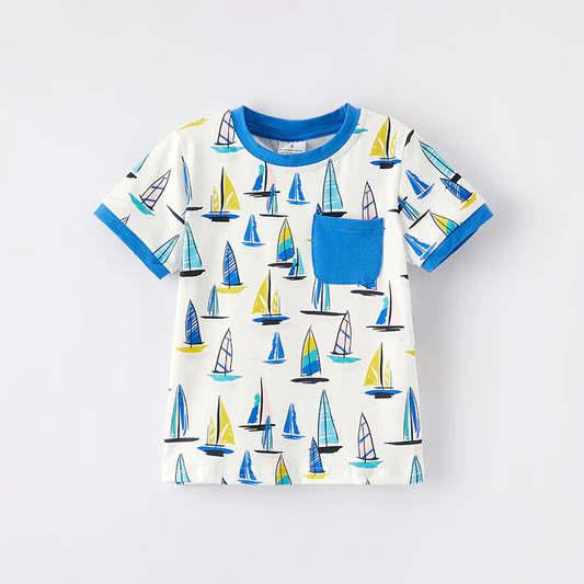 (Custom Design Preorder MOQ 5) Sailboat Blue Print Pocket Boys Summer Tee Shirts Top