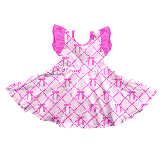 (Custom Design Preorder MOQ 5) Hot Pink Bows Print Girls Knee Length Summer Dress