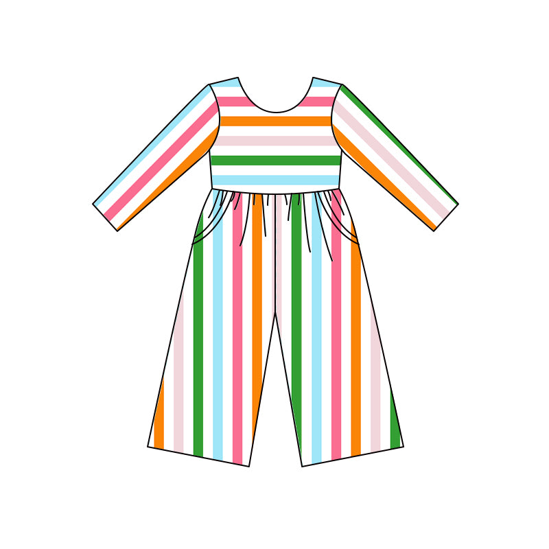 (Split Order Preorder) Deadline Feb.6 Colorful Stripes Print Pockets Girls Spring Swoop Back Long Sleeve Leggy Jumpsuits