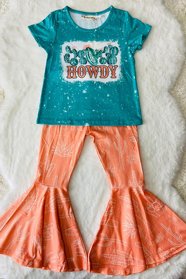 (Custom Design Preorder MOQ 5) Cactus Howdy Blue Top Bell Pants Girls Western Clothes Set